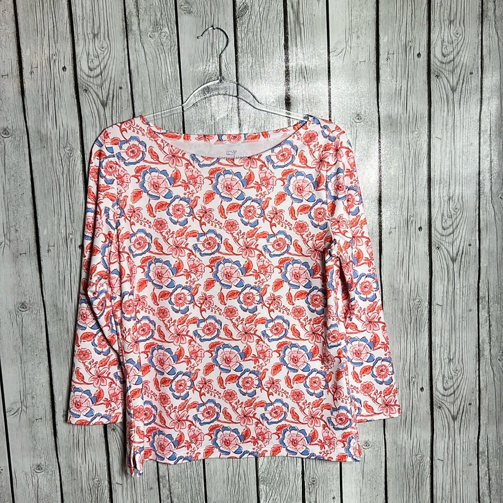 Vineyard Vines Pink Blue Foral Sankaty Simple Papaya Punch Top Size M